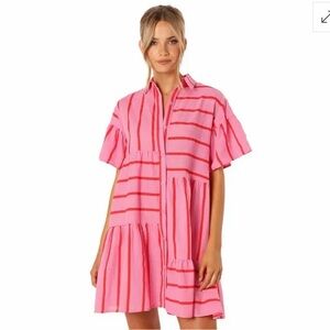 Petal & Pup Pink and Red Striped Mini Shirt Dress